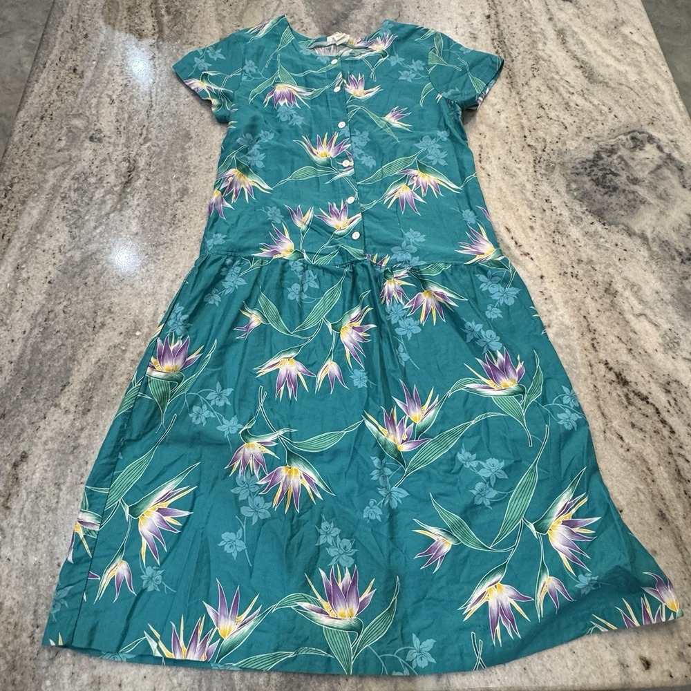 Vintage Made In Hawaii Womens Large Midi Dress Tropical Cotton Handmade Beach